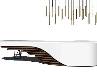 Modern Reception Desk With White Countertop Wooden Structure And Hanging Pendant Lights 3d model