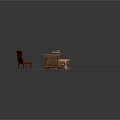 Vintage Wooden Desk With Books Documents Leather Trunk And Chair On Stone Floor