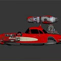 Futuristic Red Modified Car With Exposed Engine Side Exhaust Pipes And Top Device
