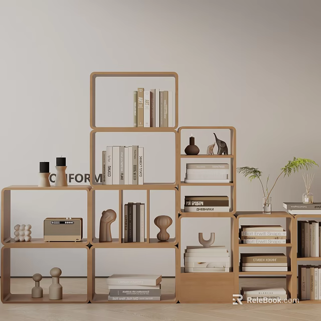 Modern Wooden Bookshelf With Multi Compartment And Decorative Items Books Potted Plants 3d model 