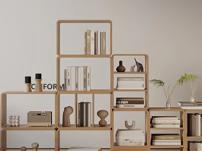 Modern Wooden Bookshelf With Multi Compartment And Decorative Items Books Potted Plants 3d model