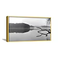 Black and White Landscape Painting with Misty Lake Reflection and Dead Branch Surrounded by Trees