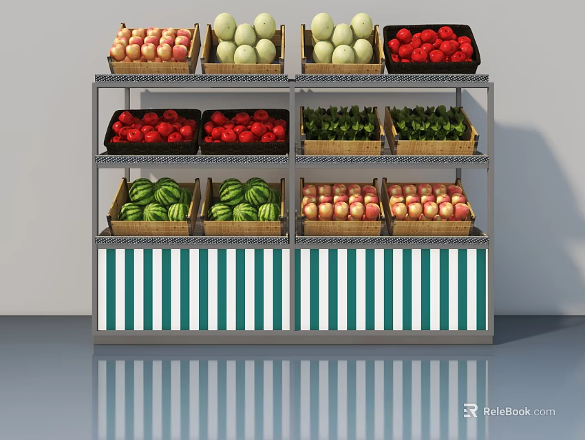 Display Shelving with Fresh Fruits Vegetables on Multiple Tiers and Striped Panels 3d model 