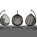 Elegant Woven Rattan Hanging Chairs with Black Metal Stand and Beige Seat Cushion