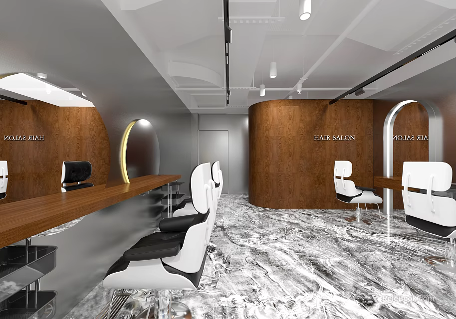 Modern Hair And Beauty Salon Interior With Wooden Panels Marble Floor And Styling Chairs 3d model 