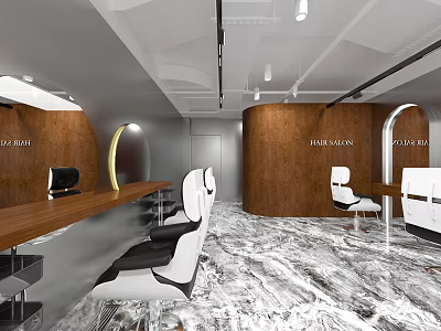 Modern Hair And Beauty Salon Interior With Wooden Panels Marble Floor And Styling Chairs 3d model