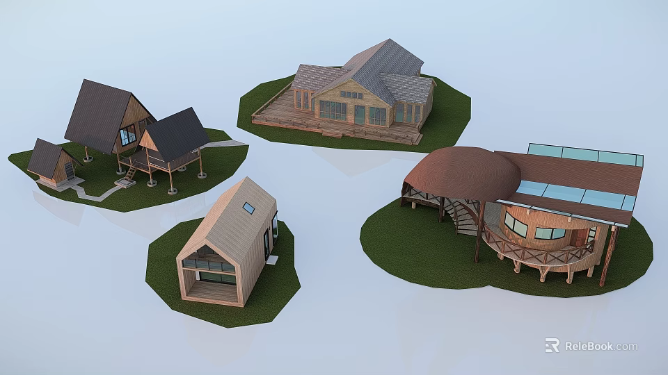 Various Styled Wooden Houses With Different Roof Types And Terrace Structures 3d model 