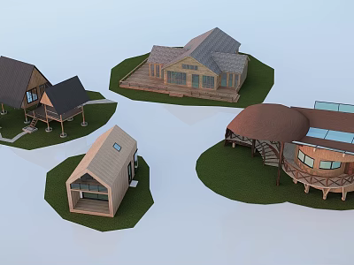 Various Styled Wooden Houses With Different Roof Types And Terrace Structures 3d model