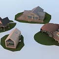 Various Styled Wooden Houses With Different Roof Types And Terrace Structures