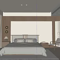 Modern Bedroom Interior With Wooden Headboard Wall Nightstands Table Lamps Accent Chair And Curtains