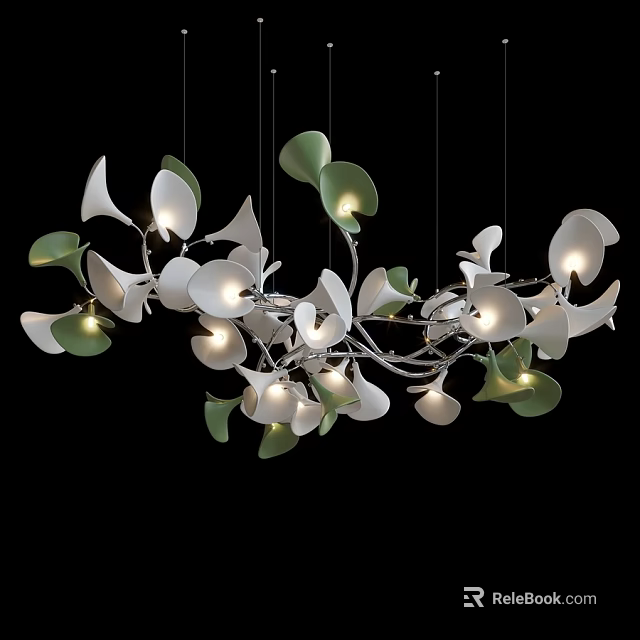 Modern Leaf Shaped Chandelier With White Green Accents And Illuminated Bulbs 3d model 