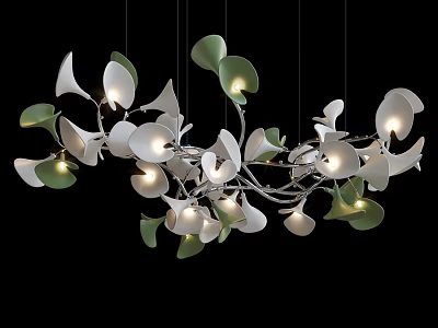 Modern Leaf Shaped Chandelier With White Green Accents And Illuminated Bulbs 3d model