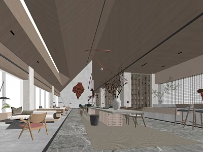 Modern Hotel Public Lounge Interior With Wooden Ceiling Large Windows And Comfortable Seating 3d model