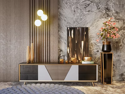 Luxury Modern TV Cabinet With Wood Metal Accents And Decor Items Against Marble Wall 3d model