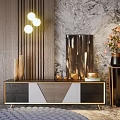 Luxury Modern TV Cabinet With Wood Metal Accents And Decor Items Against Marble Wall