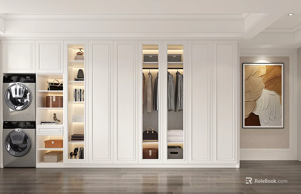 Modern White Built in Closet With Glass Doors Hanging Clothes Storage Drawers And Interior Lighting 3d model 
