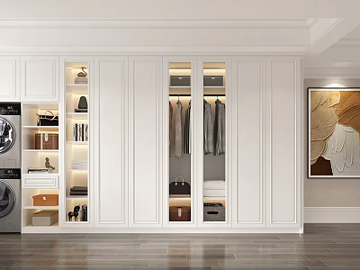 Modern White Built in Closet With Glass Doors Hanging Clothes Storage Drawers And Interior Lighting 3d model