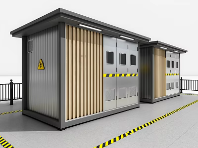 Commercial Equipment Metal Structure With Wooden Panels Two Units Safety Warning Stripes 3d model