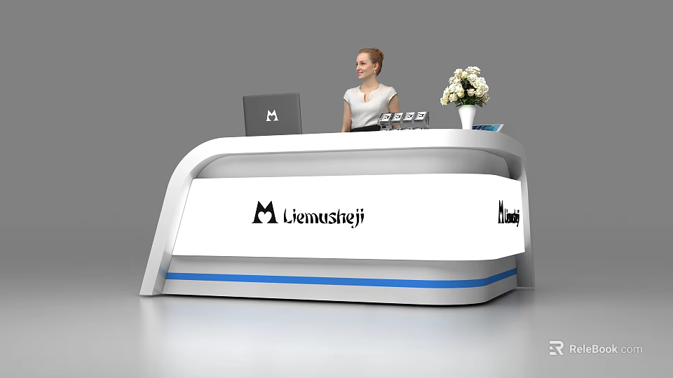 Modern Reception Desk with Laptop Phone and White Flower Vase in Office Area 3d model 