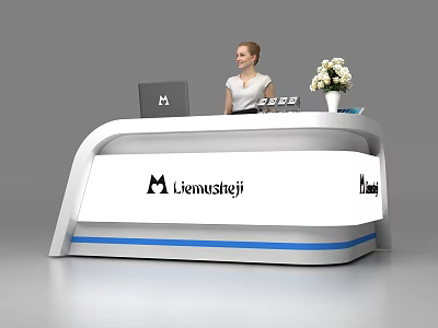Modern Reception Desk with Laptop Phone and White Flower Vase in Office Area 3d model