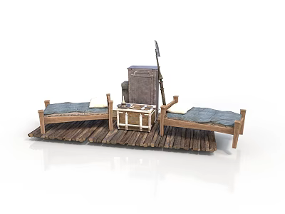 Rustic Wooden Furniture Set Two Beds Blue Mattresses Small Chest Old Suitcase Umbrella On Platform 3d model