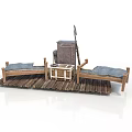 Rustic Wooden Furniture Set Two Beds Blue Mattresses Small Chest Old Suitcase Umbrella On Platform