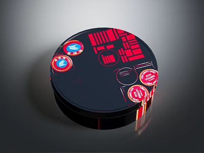Black Round Household Storage Container With Vibrant Red Patterns Decorative Stickers And Logos 3d model