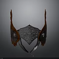 Ornate Metallic Helmet With Silver Base Intricate Carvings Red Feather Accents And Round Gemstones
