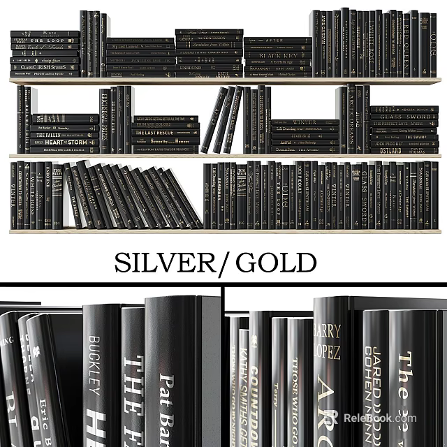 Silver Gold Decorative Books On Modern Bookshelf For Home Library Design 3d model 