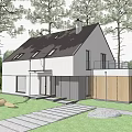Detached Villa With White Exterior Gray Roof Stone Steps And Tree Surroundings