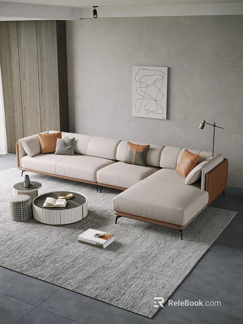 Beige Sectional Sofa with Orange and Gray Pillows Round Coffee Table in Modern Living Room 3d model 