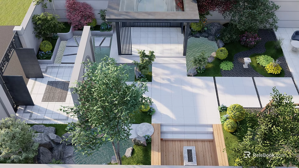 Beautiful Courtyard Garden Design With Stone Pavement Green Plants Water Feature Wooden Deck And Pavilion 3d model 