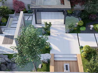 Beautiful Courtyard Garden Design With Stone Pavement Green Plants Water Feature Wooden Deck And Pavilion 3d model