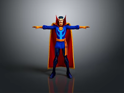 Game and Movie Character in Blue Costume with Red Cape and Outstretched Arms 3d model