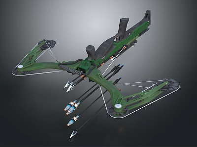 Green Tactical Crossbow With Arrows Bowstring Stock And Metal Components 3d model