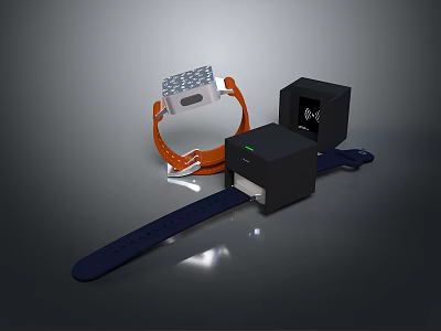 Smartwatch With Orange Strap Black Cube Devices Green Indicator Light White Grid And Blue Strap 3d model