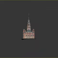 Classical Red Brick Building With Tall Spire Blue Roof Multiple Towers And Ornate Details