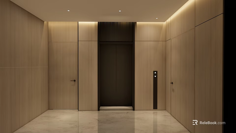 Modern Elevator Hallway With Wooden Panel Walls Dark Door And Marble Floor 3d model 