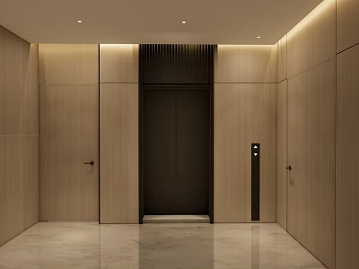 Modern Elevator Hallway With Wooden Panel Walls Dark Door And Marble Floor 3d model