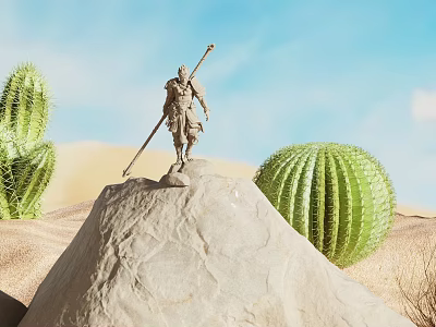 Scenic Desert Landscape With Large Cacti Statue On Rock And Blue Sky 3d model Scenic Desert Landscape With Large Cacti Statue On Rock And Blue Sky 3d model