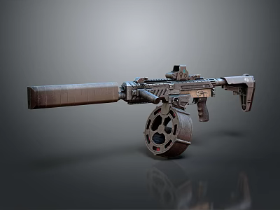 Modern Metallic Assault Rifle With Large Drum Magazine And Tactical Components 3d model