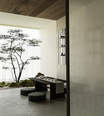 Minimalist Tea Room Interior Featuring Pine Tree White Curtains Black Tea Table And Round Cushions 3d model