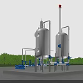 Industrial Plant With Large Silver Tanks Pipes Blue Equipment On Concrete Platform And Green Trees
