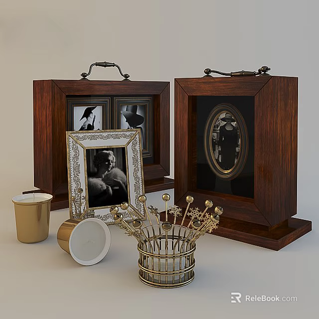 Vintage Decorative Ornaments Set With Wooden Photo Frames Golden Crown And Cups 3d model 