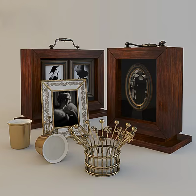 Vintage Decorative Ornaments Set With Wooden Photo Frames Golden Crown And Cups 3d model