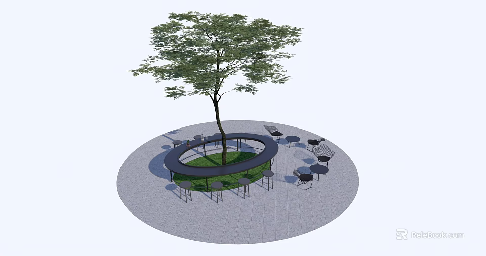 Circular Tree Pit Design With Central Tree Surrounding Seating And Tables On Paved Ground 3d model 