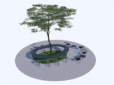Circular Tree Pit Design With Central Tree Surrounding Seating And Tables On Paved Ground 3d model