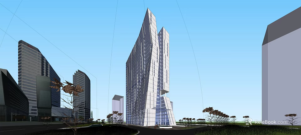 Modern High Rise Office Building With Glass Facade And Urban Landscape 3d model 
