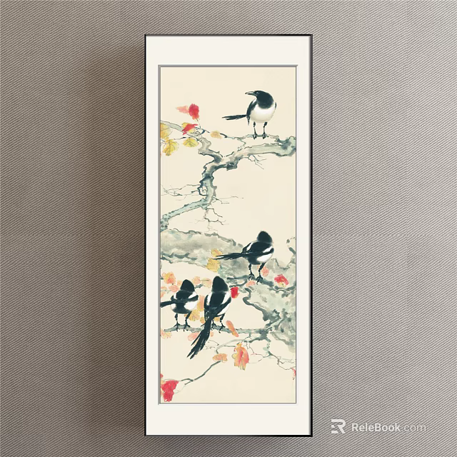Classic Chinese Animal Ink Painting Scroll with Black Birds on Branches Red Yellow Autumn Leaves 3d model 