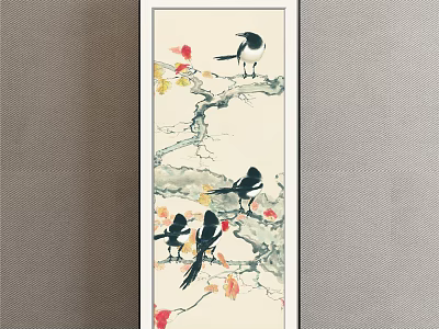 Classic Chinese Animal Ink Painting Scroll with Black Birds on Branches Red Yellow Autumn Leaves 3d model